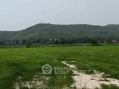 Scenic view of lush green field with distant hills, perfect for real estate development.