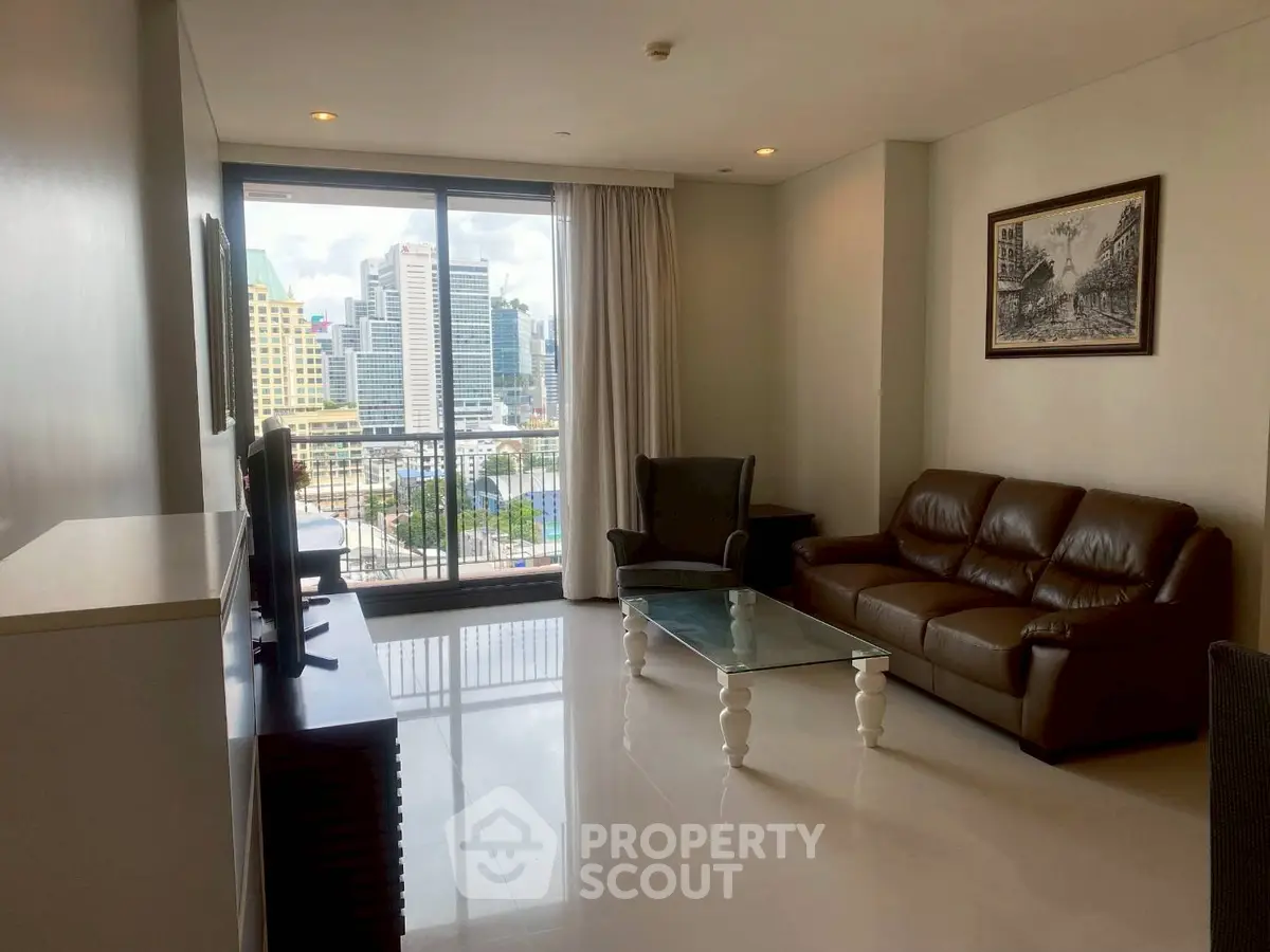 Modern living room with city view and stylish furniture