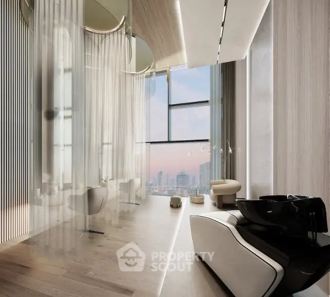 Luxurious modern living room with floor-to-ceiling windows and stunning city view
