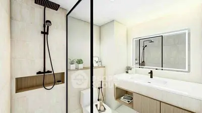 Modern bathroom with sleek shower and illuminated mirror in elegant real estate property.