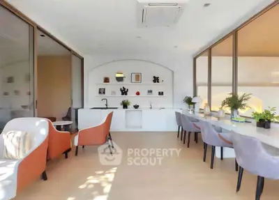 Modern living room with stylish seating and large windows, perfect for relaxation and entertaining.