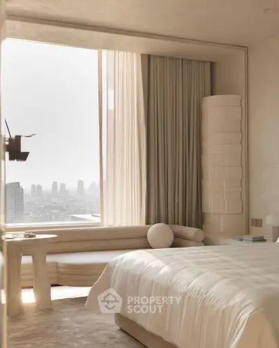 Luxurious bedroom with panoramic city view and elegant decor