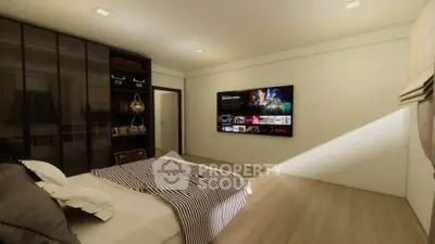 Modern bedroom with sleek design and large TV, featuring stylish storage solutions.