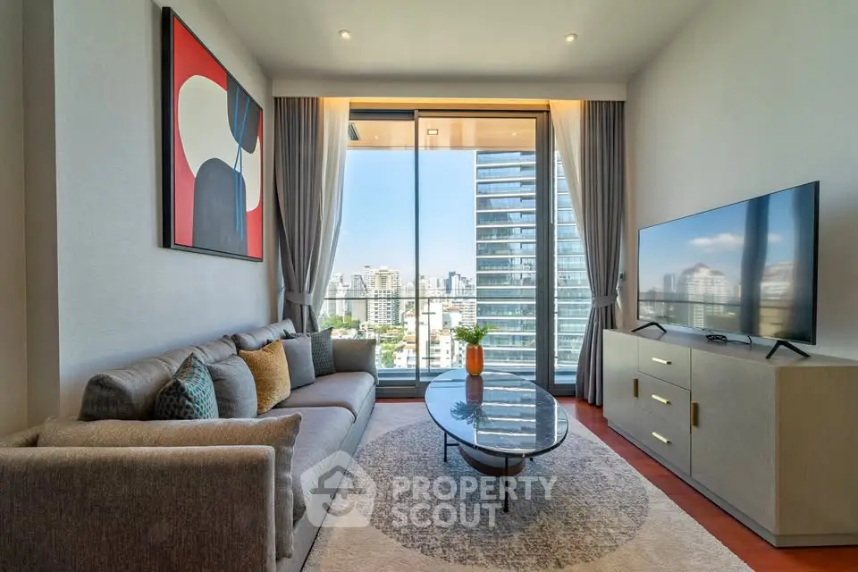 Modern living room with city view, stylish decor, and large windows in luxury apartment.