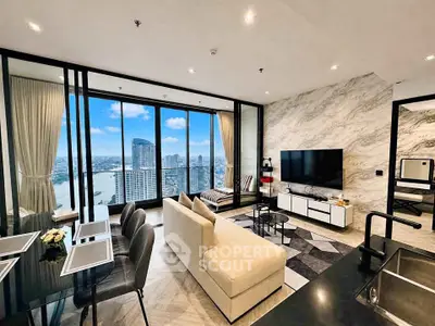 Luxurious living room with stunning city view and modern decor