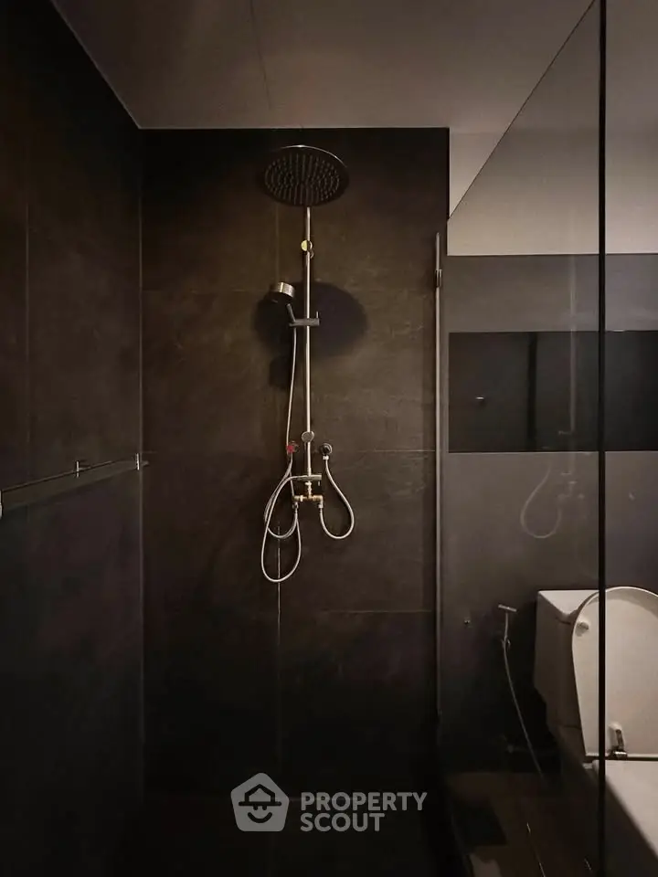 Modern bathroom with sleek black tiles and contemporary shower design