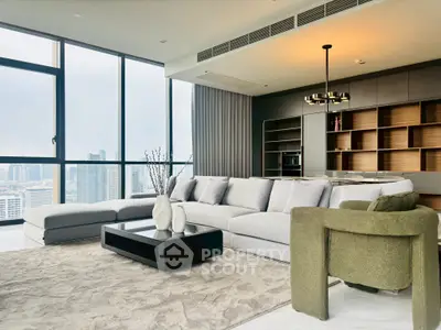 Luxurious modern living room with panoramic city views and elegant furnishings.