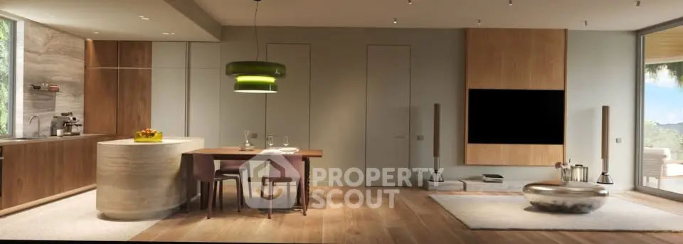 Modern open-plan living room with stylish kitchen and dining area, featuring sleek furniture and natural lighting.