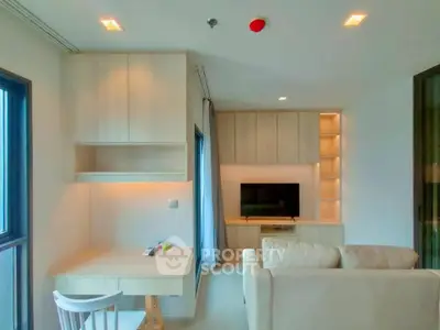 Modern living room with built-in shelves and cozy seating area