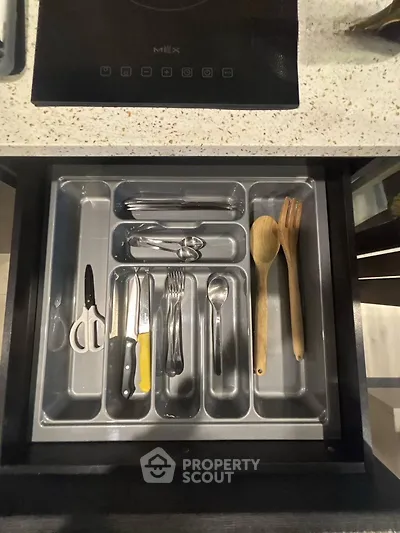 Modern kitchen drawer with organized cutlery and utensils