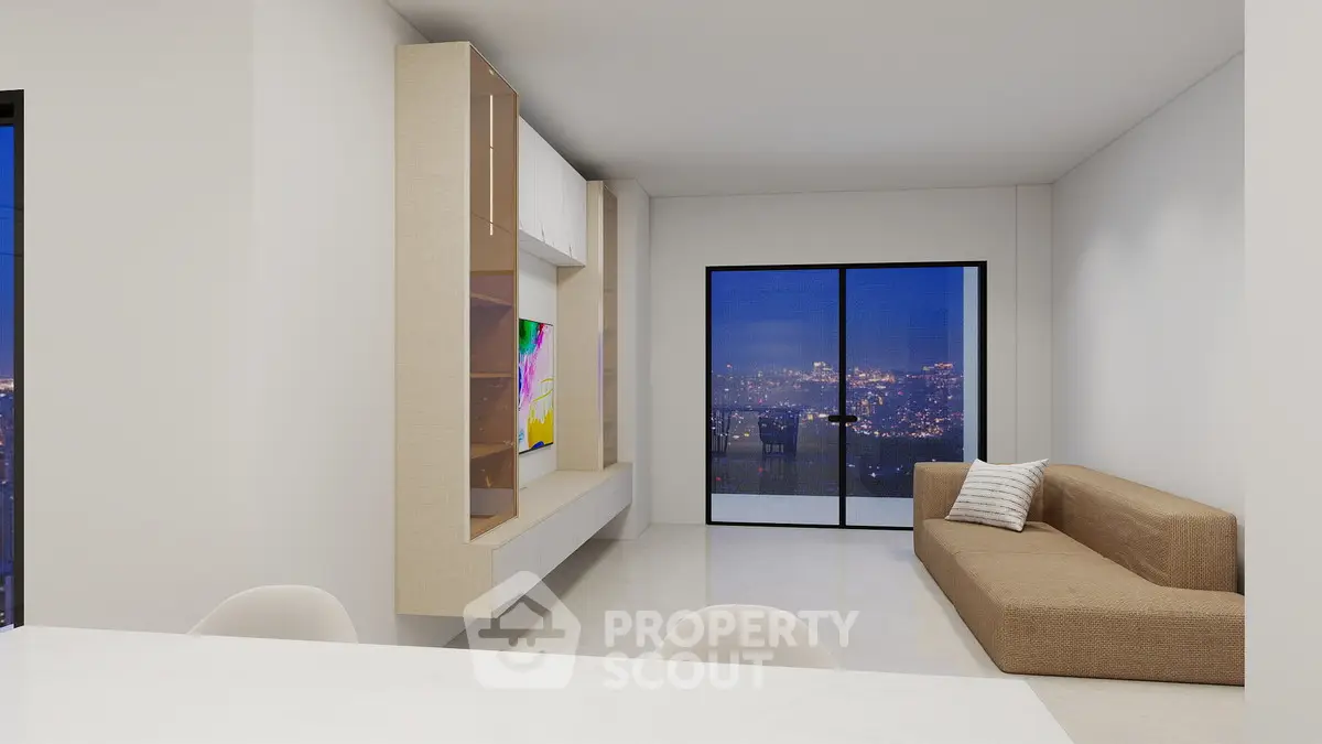 Modern living room with city view and sleek furniture design