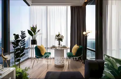 Luxurious modern living room with panoramic city views and elegant decor