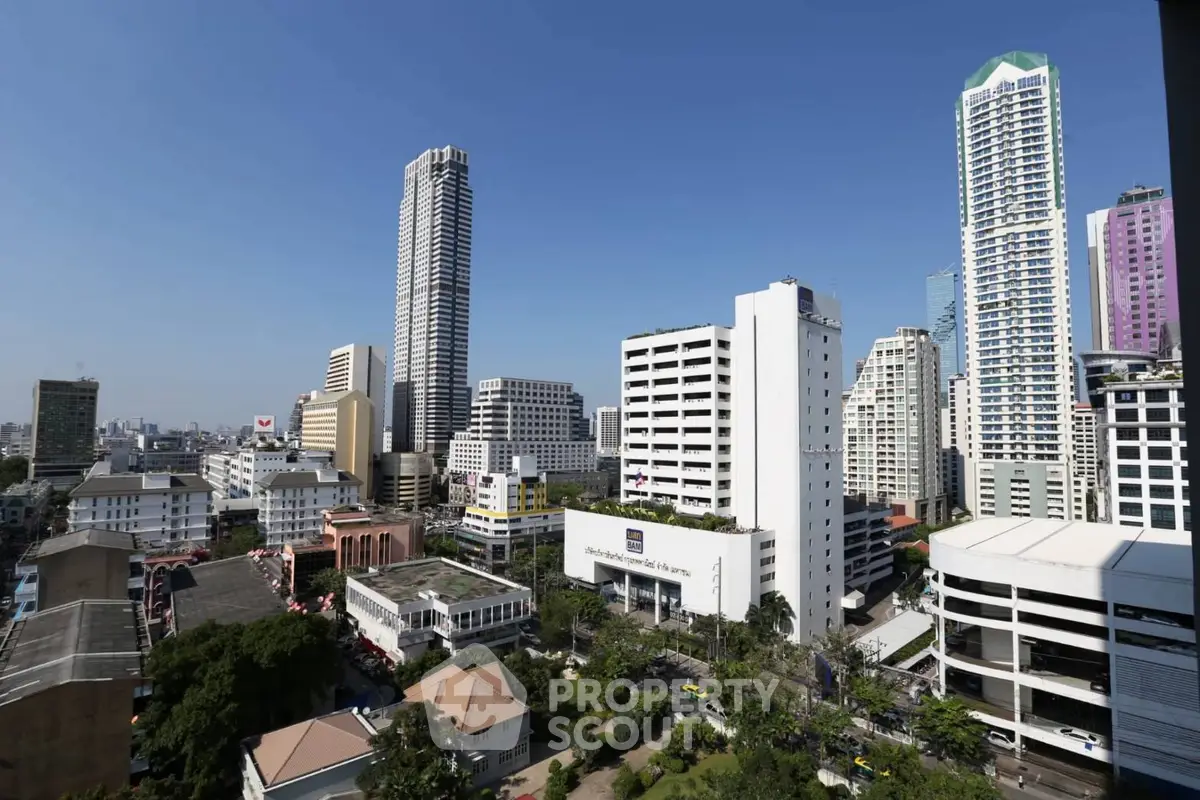 Stunning cityscape view showcasing modern high-rise buildings under a clear blue sky.