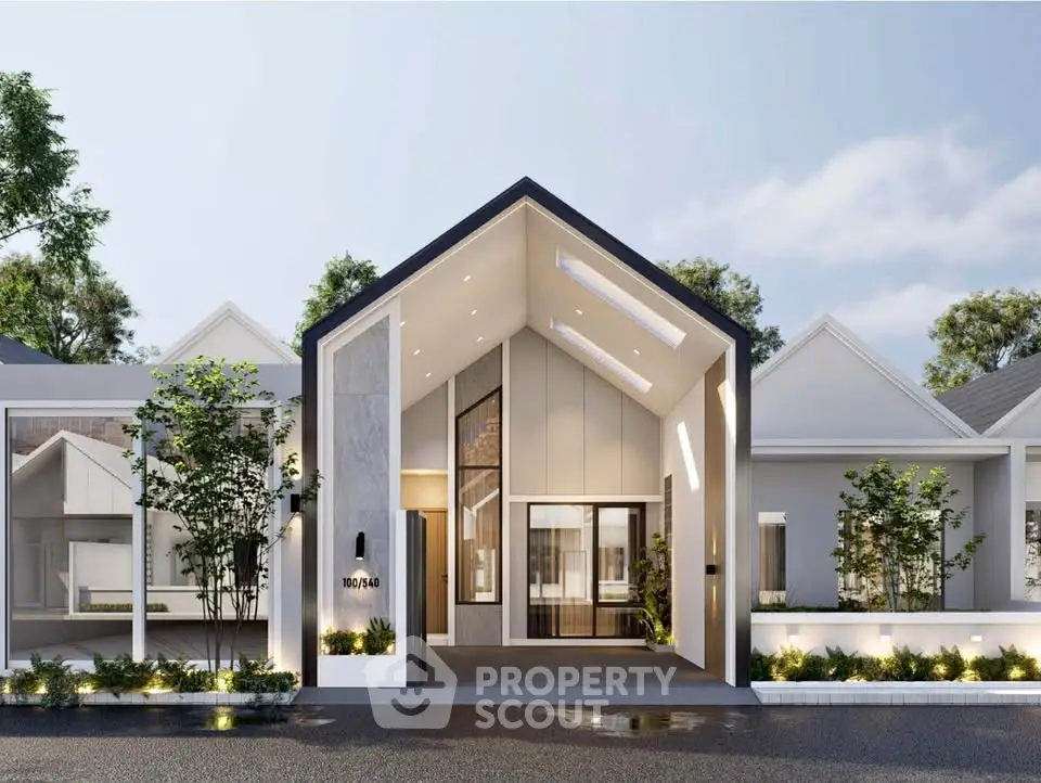 Modern minimalist house exterior with sleek design and lush landscaping.