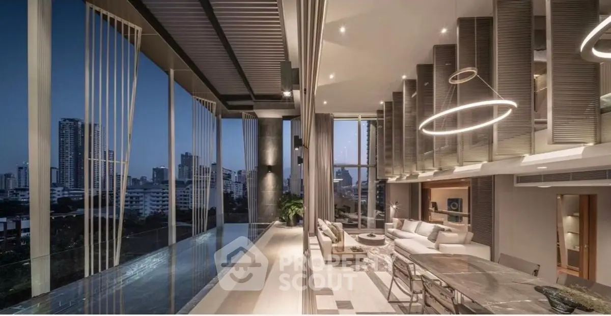 Luxurious modern living room with stunning city view and infinity pool, featuring elegant lighting and open layout.