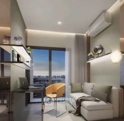 Modern living room with city view, stylish furniture, and ambient lighting.