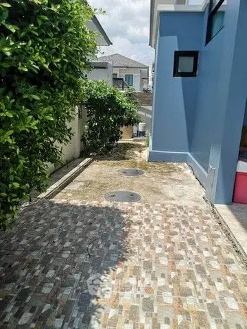 Charming side pathway of modern home with lush greenery and stylish paving.
