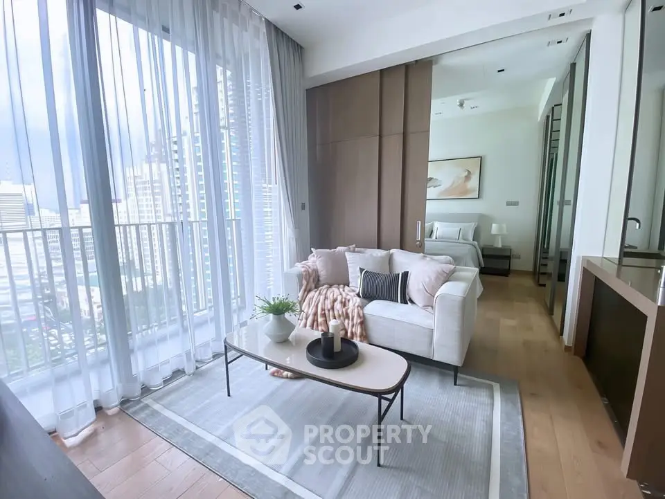 Luxurious modern living room with city view and elegant decor