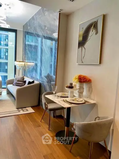 Modern living room with elegant dining area and stylish decor