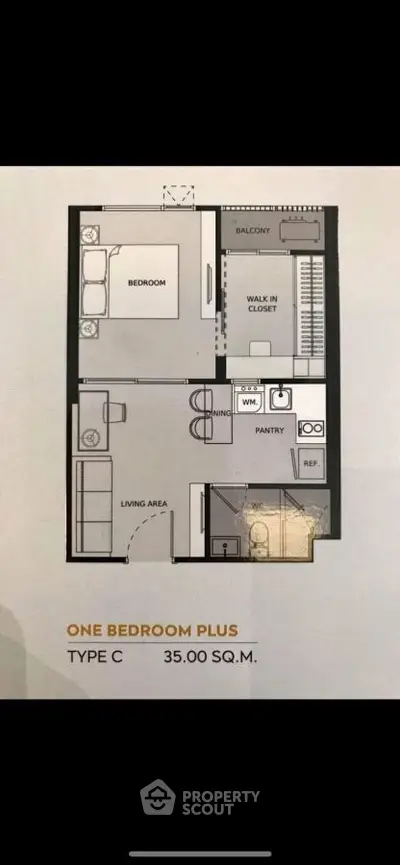 Modern one-bedroom plus apartment floor plan with balcony and walk-in closet.