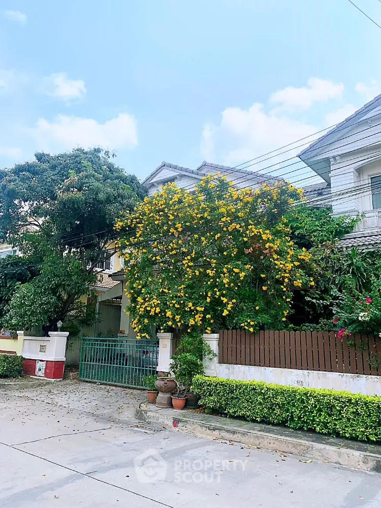 Charming family home with lush garden and vibrant yellow blooms, nestled in a serene neighborhood, boasting a welcoming facade and greenery.