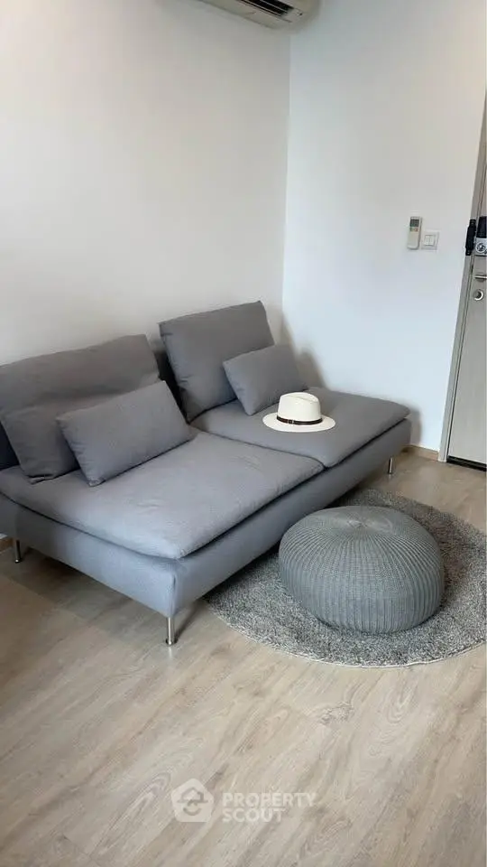 Modern living room with stylish gray sofa and cozy decor in a contemporary apartment.