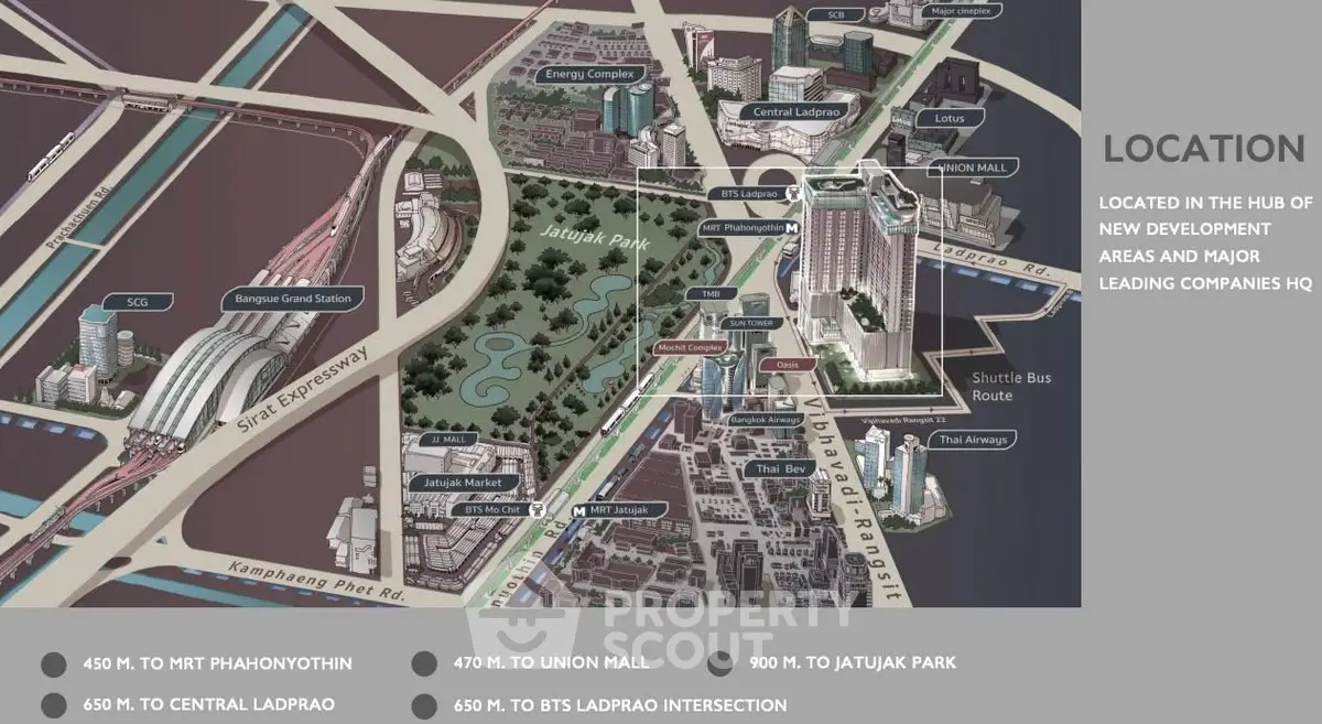 Prime real estate location map highlighting proximity to MRT, malls, and major HQs in vibrant development area.