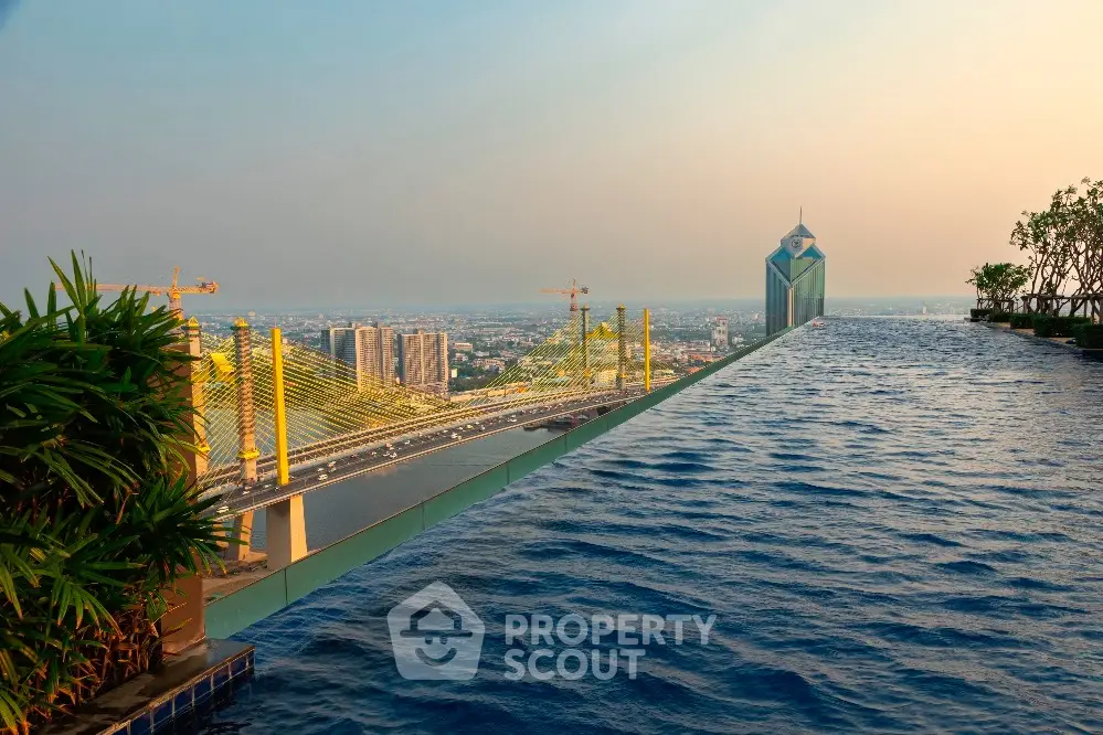 Stunning rooftop infinity pool with breathtaking city skyline view at sunset.