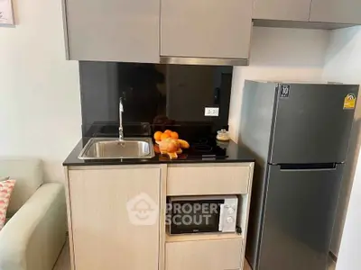 Modern compact kitchen with sleek cabinetry, stainless steel sink, and appliances including fridge and microwave.