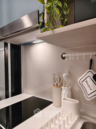 Modern kitchen with sleek induction cooktop and stylish shelving