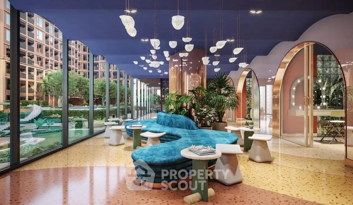 Luxurious modern lobby with unique seating and elegant lighting in a high-end residential building.