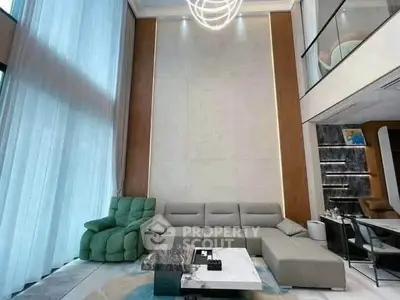 Luxurious modern living room with high ceilings and elegant furniture