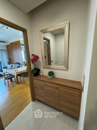 Stylish modern apartment interior with wooden flooring and elegant decor