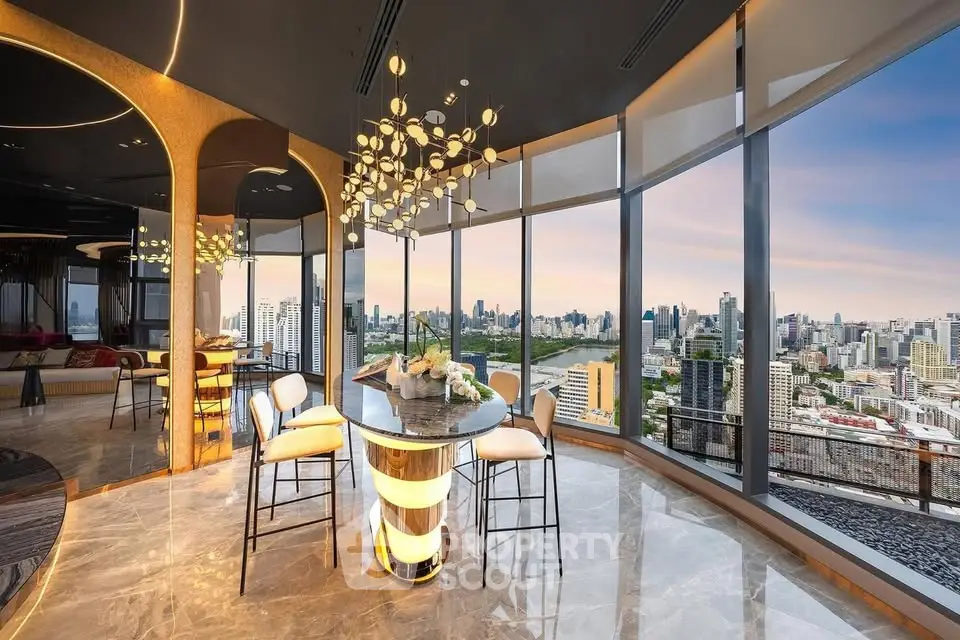 Luxurious high-rise dining area with panoramic city views and elegant lighting.