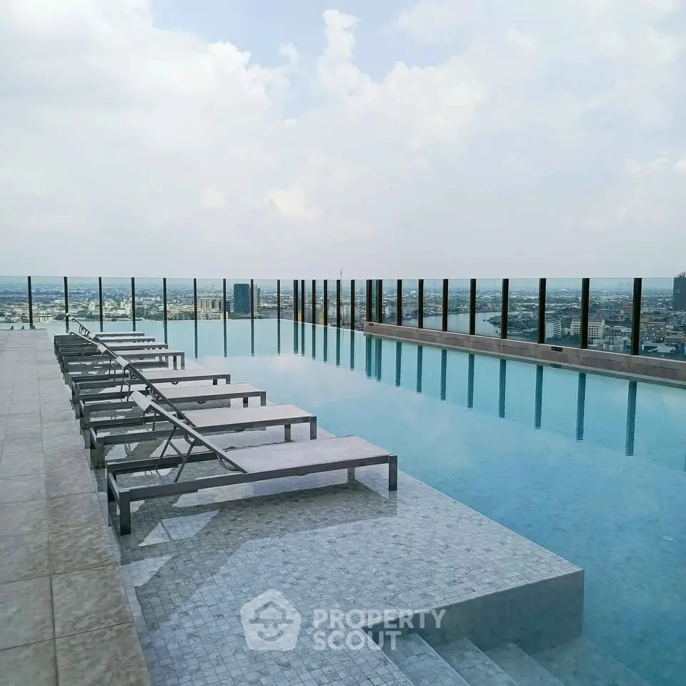 Luxurious rooftop pool with stunning city views and modern lounge chairs.