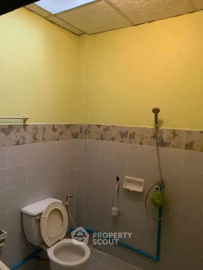 Cozy bathroom with butterfly-themed tiles and natural light from ceiling window.