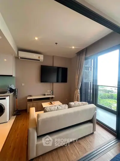 Modern living room with balcony view in a stylish apartment