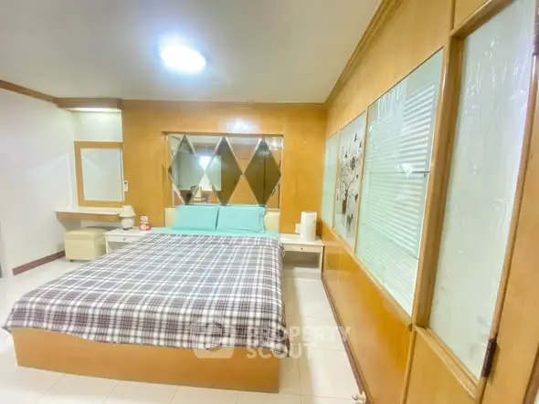 Spacious bedroom with cozy bed and modern decor, perfect for relaxation and comfort.
