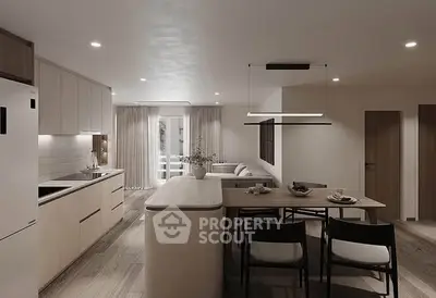 Modern kitchen with open layout and stylish dining area in a contemporary apartment.