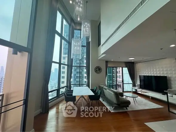Luxurious high-rise living room with floor-to-ceiling windows and modern decor in urban setting.