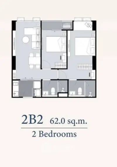 Modern 2-bedroom apartment floor plan with efficient layout, 62 square meters.