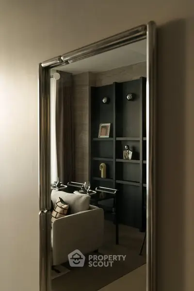 Modern living room with stylish decor and elegant shelving