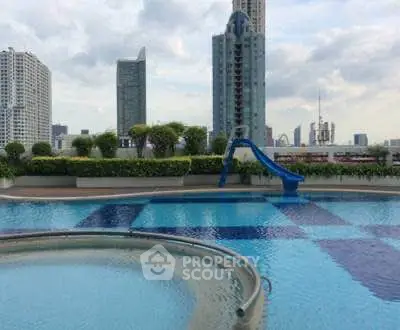 Luxurious rooftop pool with stunning cityscape views in a high-rise building.