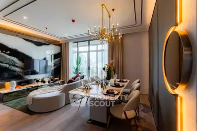 Luxurious modern living room with elegant dining area and city view balcony.