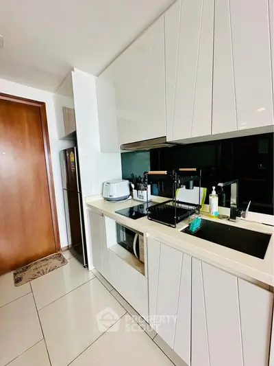 Modern kitchen with sleek white cabinets and built-in appliances