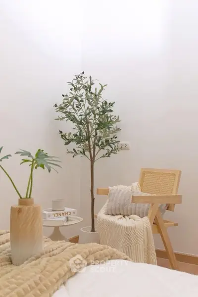 Cozy bedroom corner with stylish chair, plant, and soft textiles