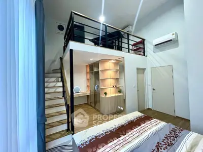 Modern loft bedroom with stylish mezzanine and elegant decor