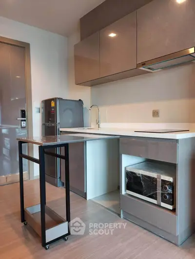 Modern kitchen with sleek cabinetry, built-in appliances, and compact design ideal for urban living.