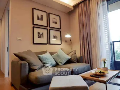 Cozy living room with modern decor and balcony view