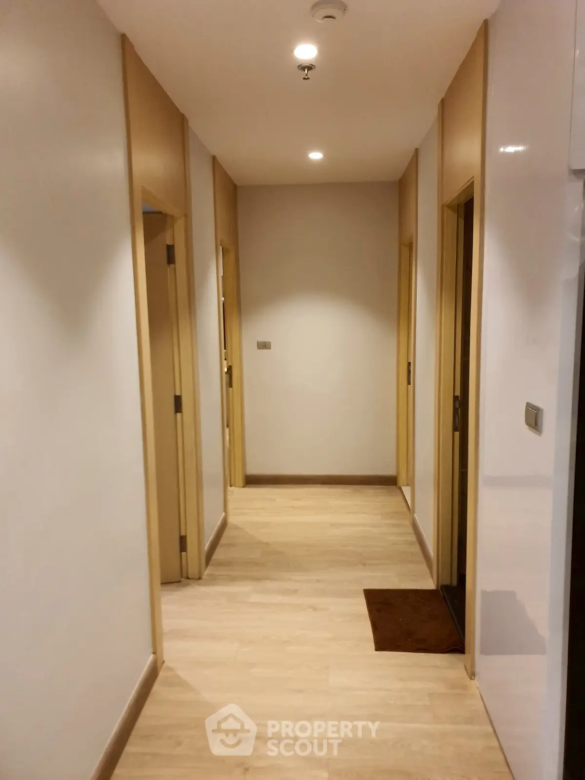 Modern hallway with wooden flooring and recessed lighting in a contemporary apartment.